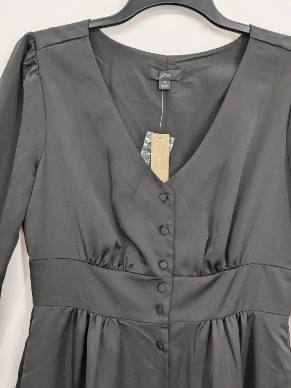J Crew Satin Button Front Midi Dress Corpcore Old Money Long Puff Sleeve Size 6